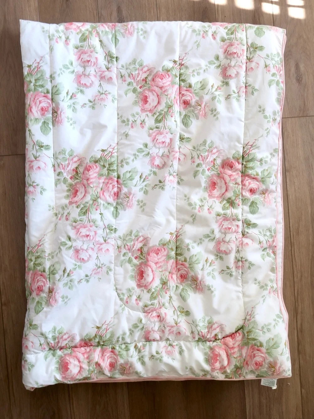 Vintage Laura Ashley Twin Comforter Pink Rose Floral Reversible Striped Cottage